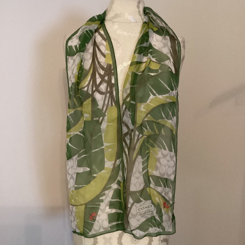 NEW! COACH SILK LADYBUG LEAF OBLONG CHIFFON SCARF with SIGNATURE LOGO in GREEN